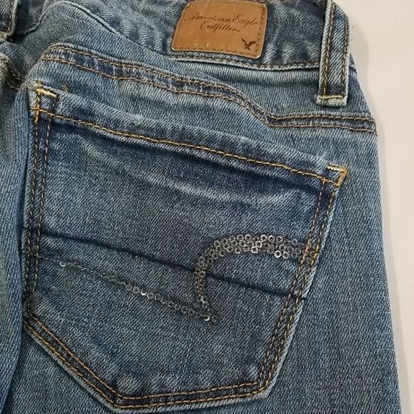 American Eagle Women's Jeans Size 00  Stretch Skinny Kick Bootcut Denim Distress - Picture 6 of 7